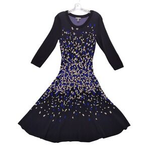 Muse Knit‎ Fit & Flare Dress Blue Black Pattern Long Sleeve  Medium